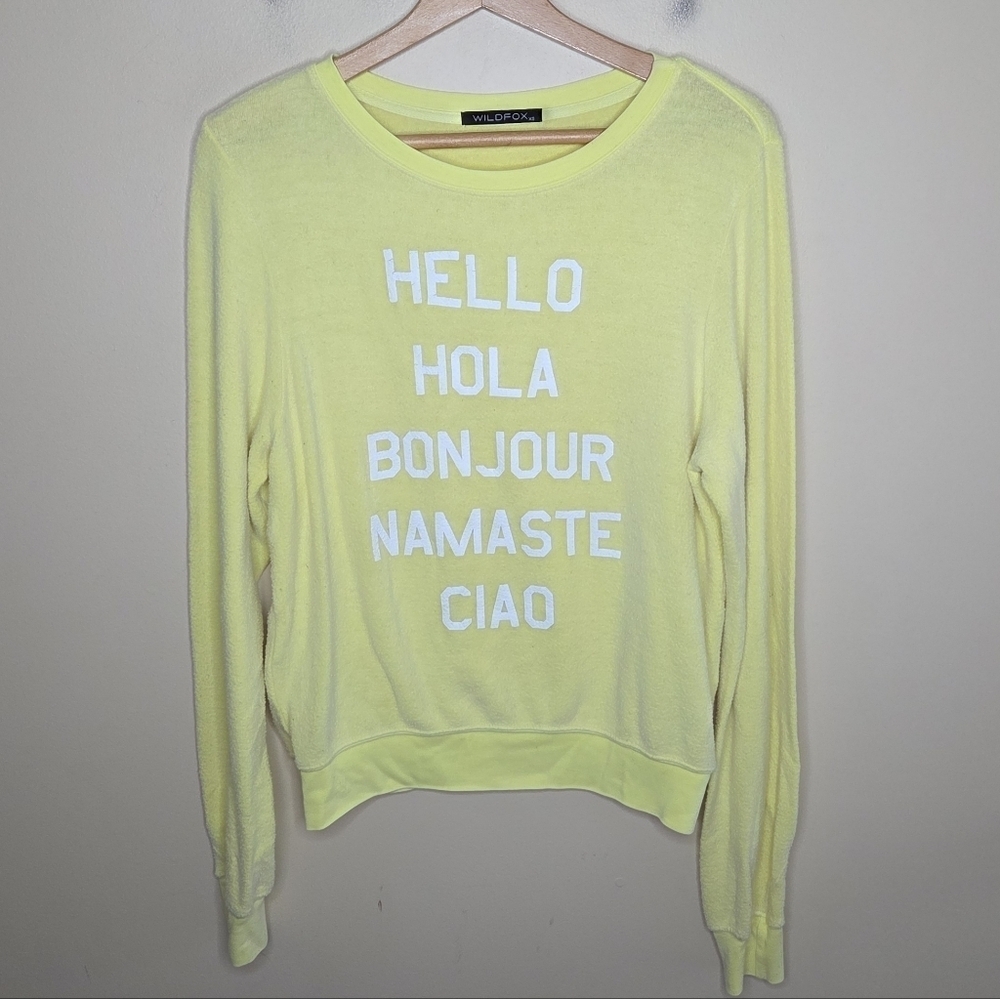 Wildfox | Bright Yellow Hello Hola Bonjour Namaste Ciao Beach Sweater Size XS